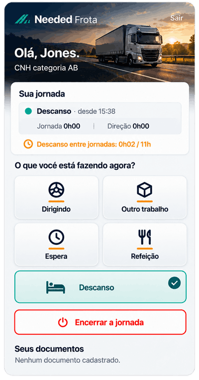 Tela do app do motorista: a jornada em descanso e os botões de dirigindo, outro trabalho, espera, refeição e descanso.